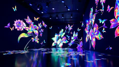 Immersive video art installation with vibrant, holographic flowers