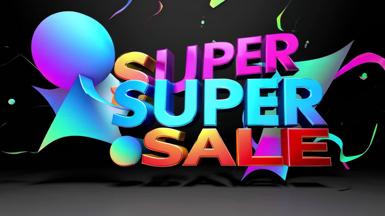 Vibrant 'SUPER SUPER SALE' Banner with Colorful 3D Text and Abstract Shapes