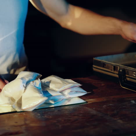 drug dealer places packets with psychotropic drugs. many types of drugs lay on the table in front of him. criminal business square video