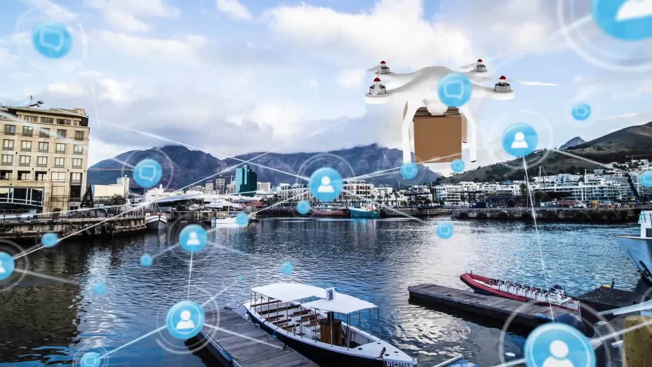 배경 에 있는 항구 에 대해 배달 상자 를 운반 하는 드론 위 에 있는 프로필 아이콘 의 네트워크