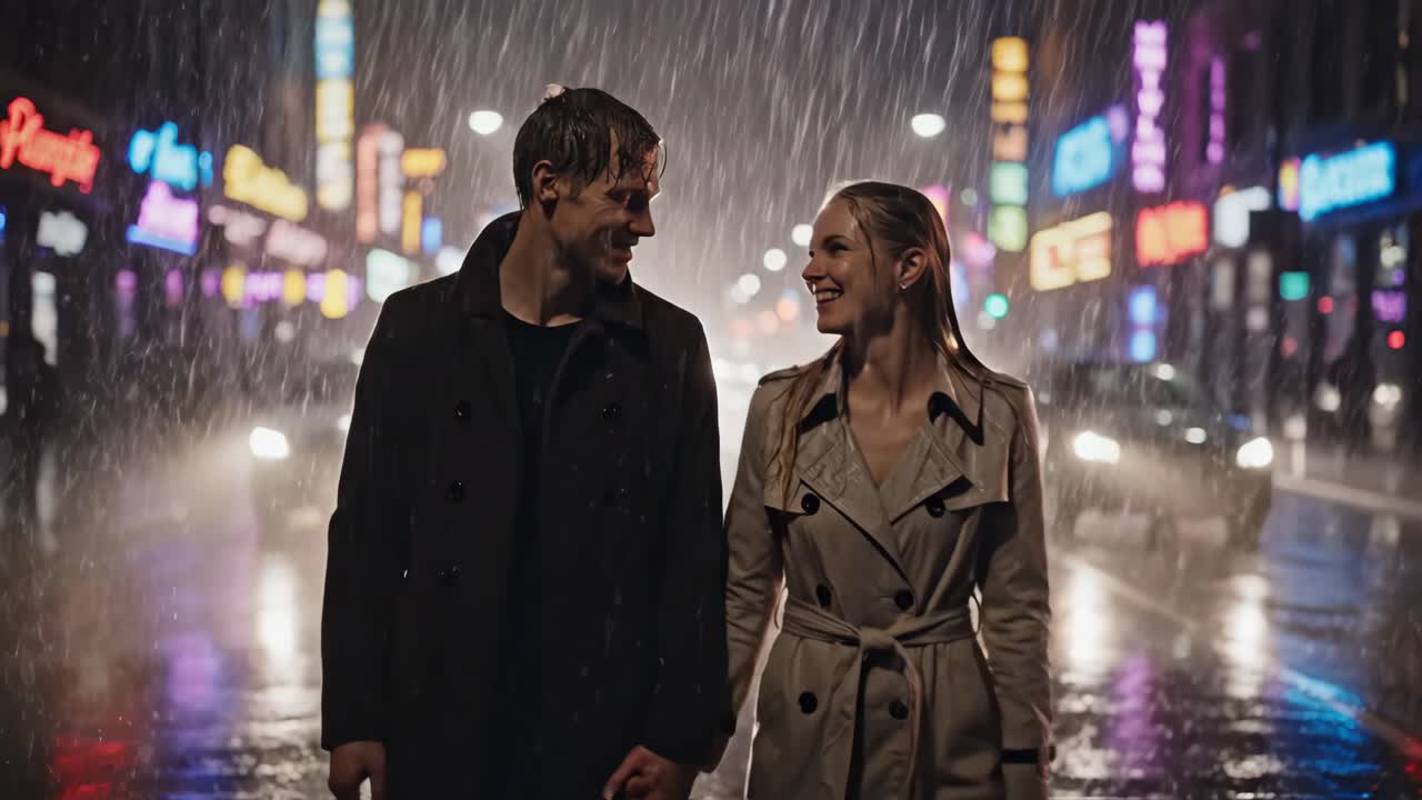 Coppia romantica sotto la pioggia di notte