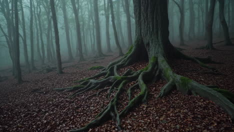 mystical foggy forest with sprawling tree roots