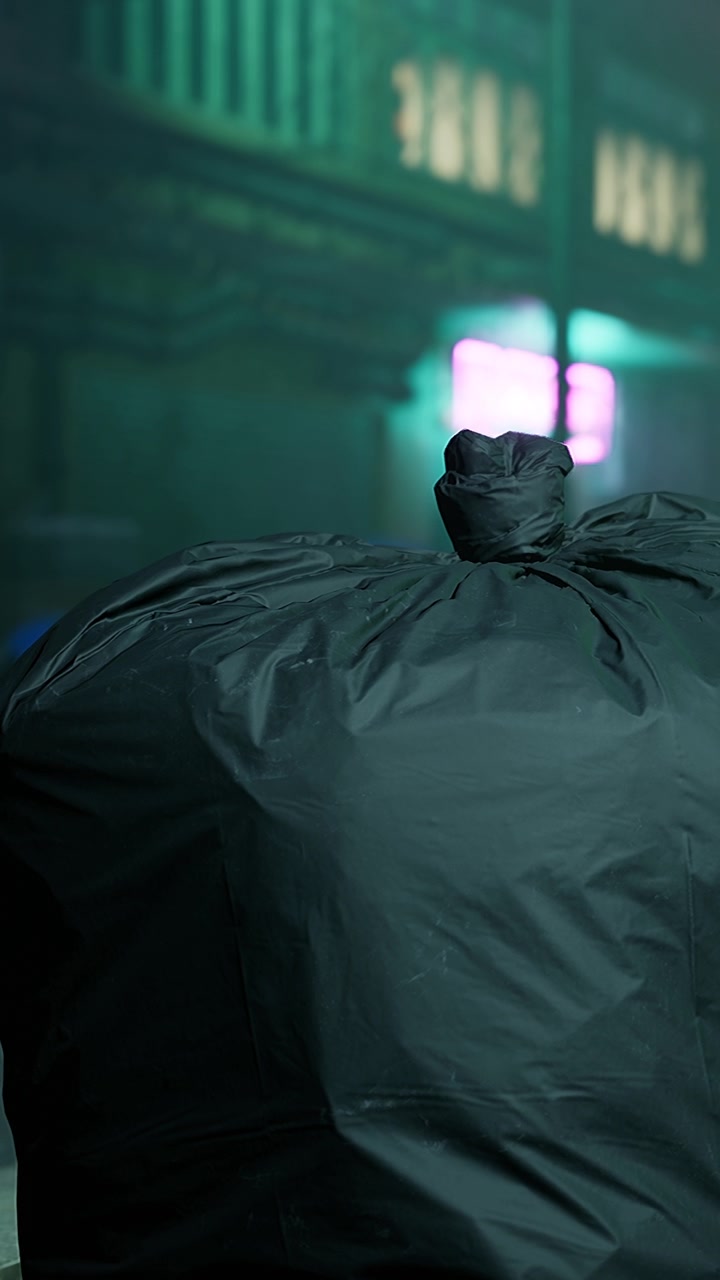 Person carrying a large black bag in a dimly lit setting at night