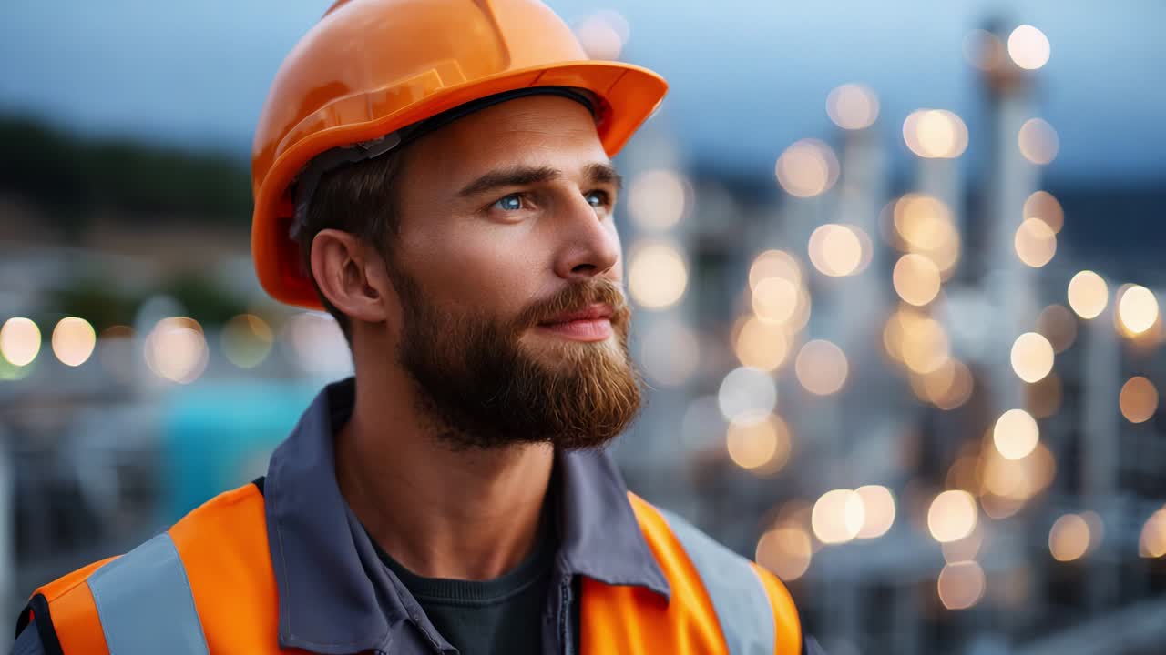 A Focused Construction Worker in an Orange Safety Helmet Looks Upwards, Contemplating the Future Amidst Industrial Background Lights and Machinery, Emphasizing Safety and Professionalism in the Workplace