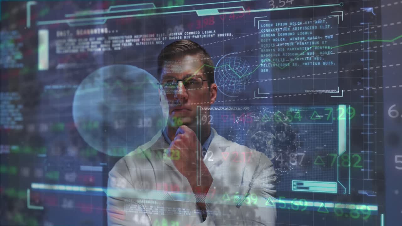 Animation of cells and data over caucasian male doctor