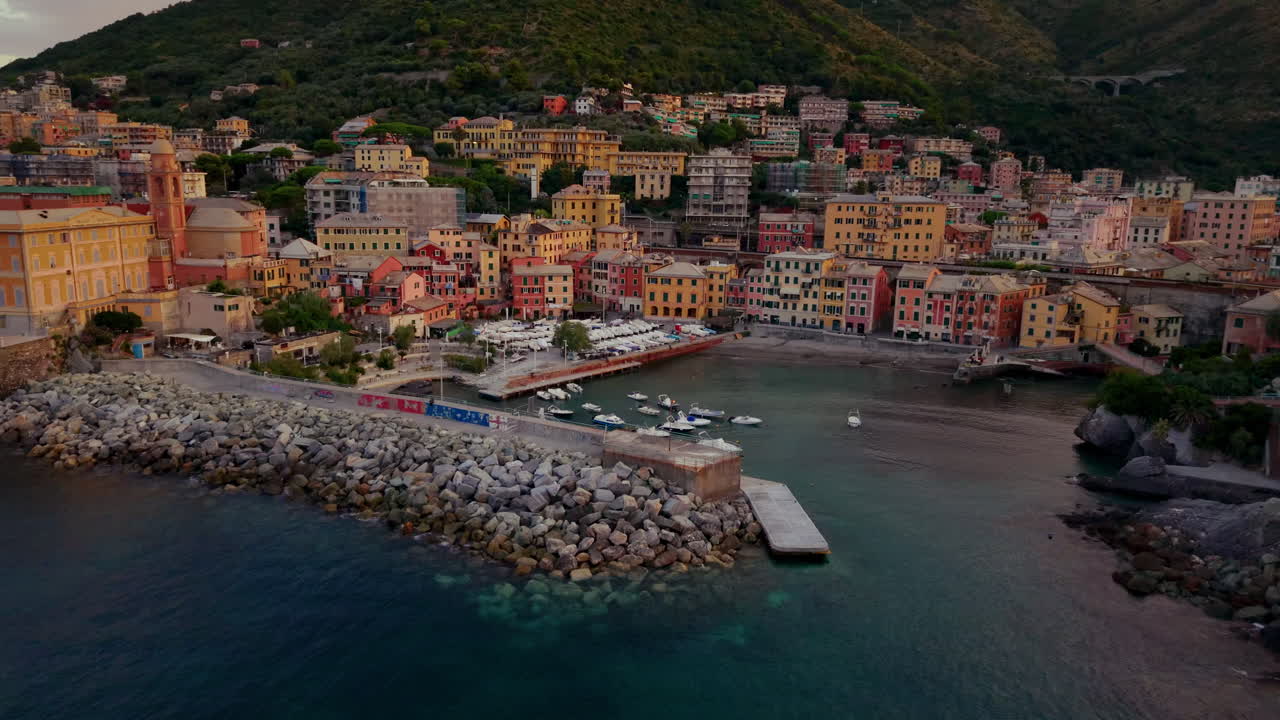 Colorful Genoa Coast at Sunset, Small Port Liguria Italy Aerial View