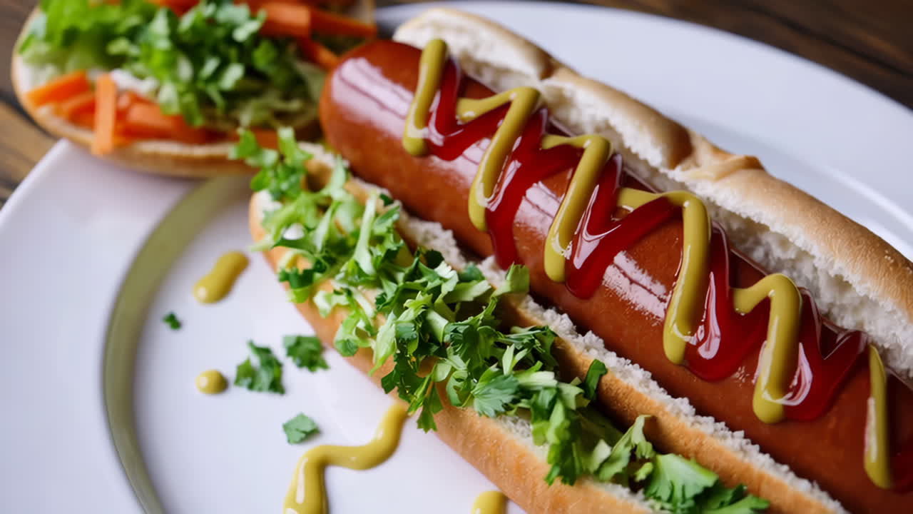 Hot Dog with Ketchup and Mustard on a Plate