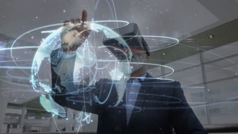 animación de la red de conexiones a través de un hombre de negocios con auriculares vr