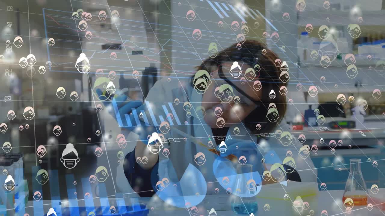 백인 여성 의사 위에 여러 개의 떠다니는 코로나19 아이콘과 다이어그램의 애니메이션