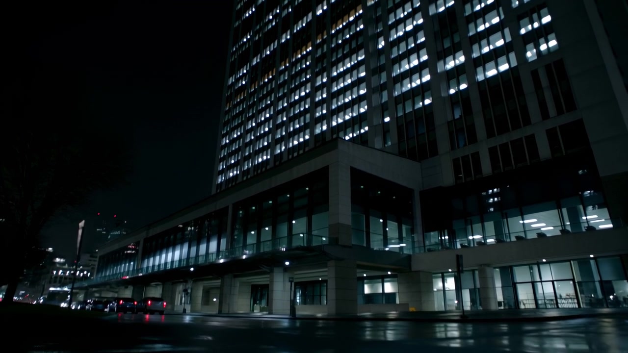 Moderno edificio per uffici urbano visto di notte con finestre illuminate, una strada cittadina buia e un marciapiede bagnato e riflettente che creano un'atmosfera tranquilla nel centro città.