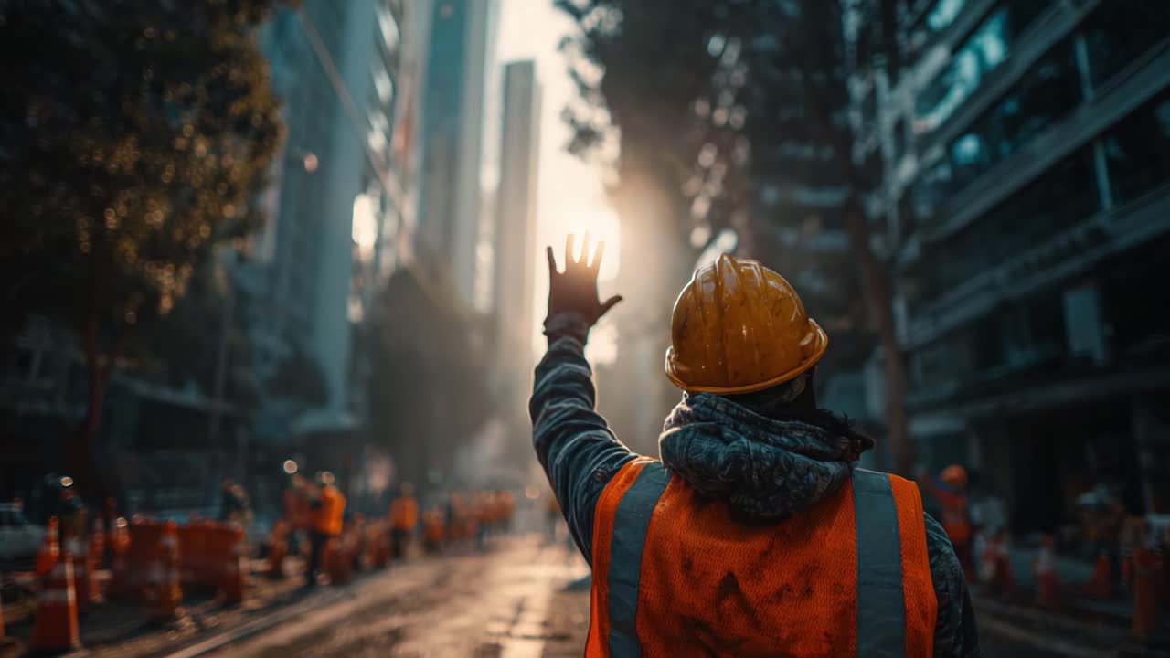 A Construction Worker Waves in a Bustling Cityscape, Surrounded by Urban Development and Morning Light, Symbolizing Hard Work and Progress in Modern Infrastructure