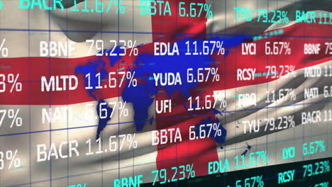 animación del procesamiento de datos financieros sobre la bandera de inglaterra