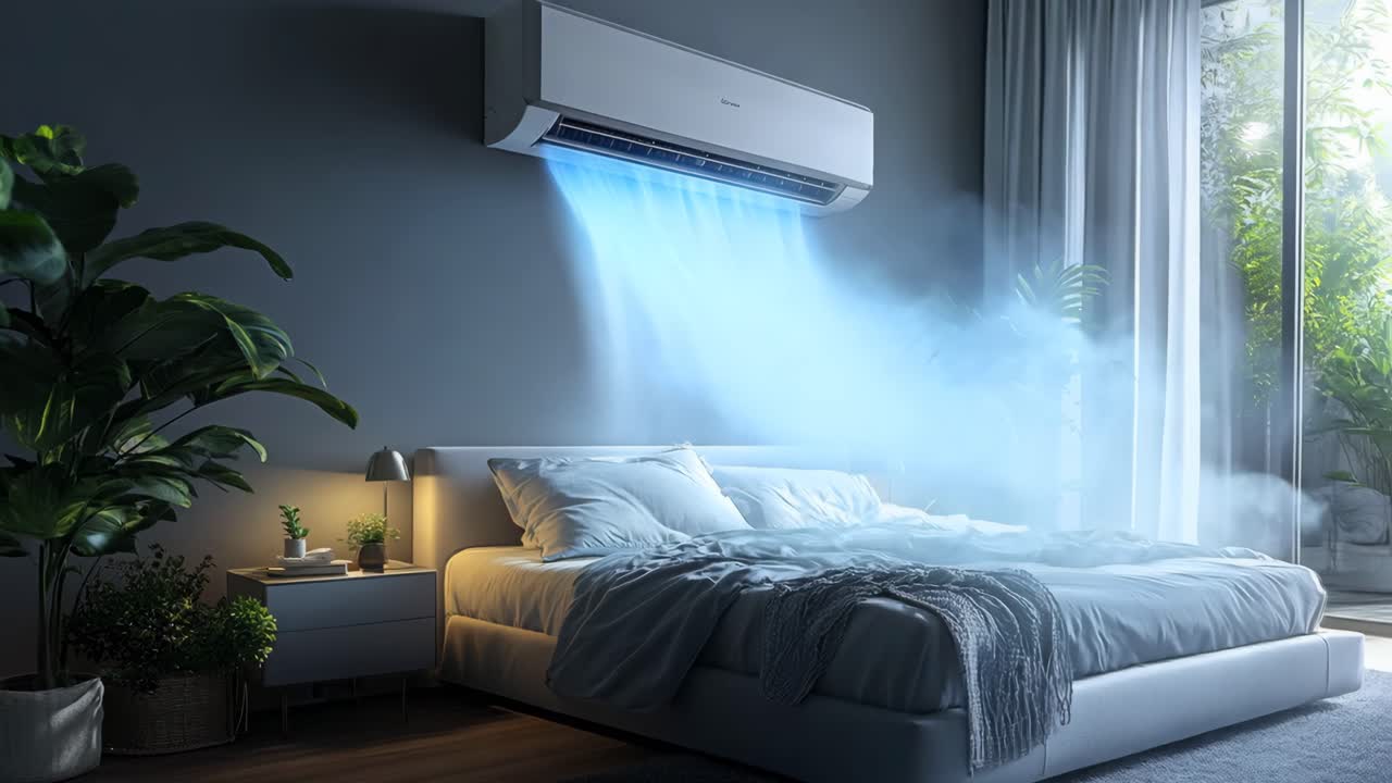 A white bed with a blue air conditioner blowing air on it. The room is decorated with plants and a potted plant is on the nightstand