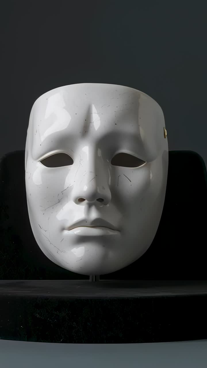 Vertical video: Camera zooming in on white mask on studio base with rod, revealing brass scuffs