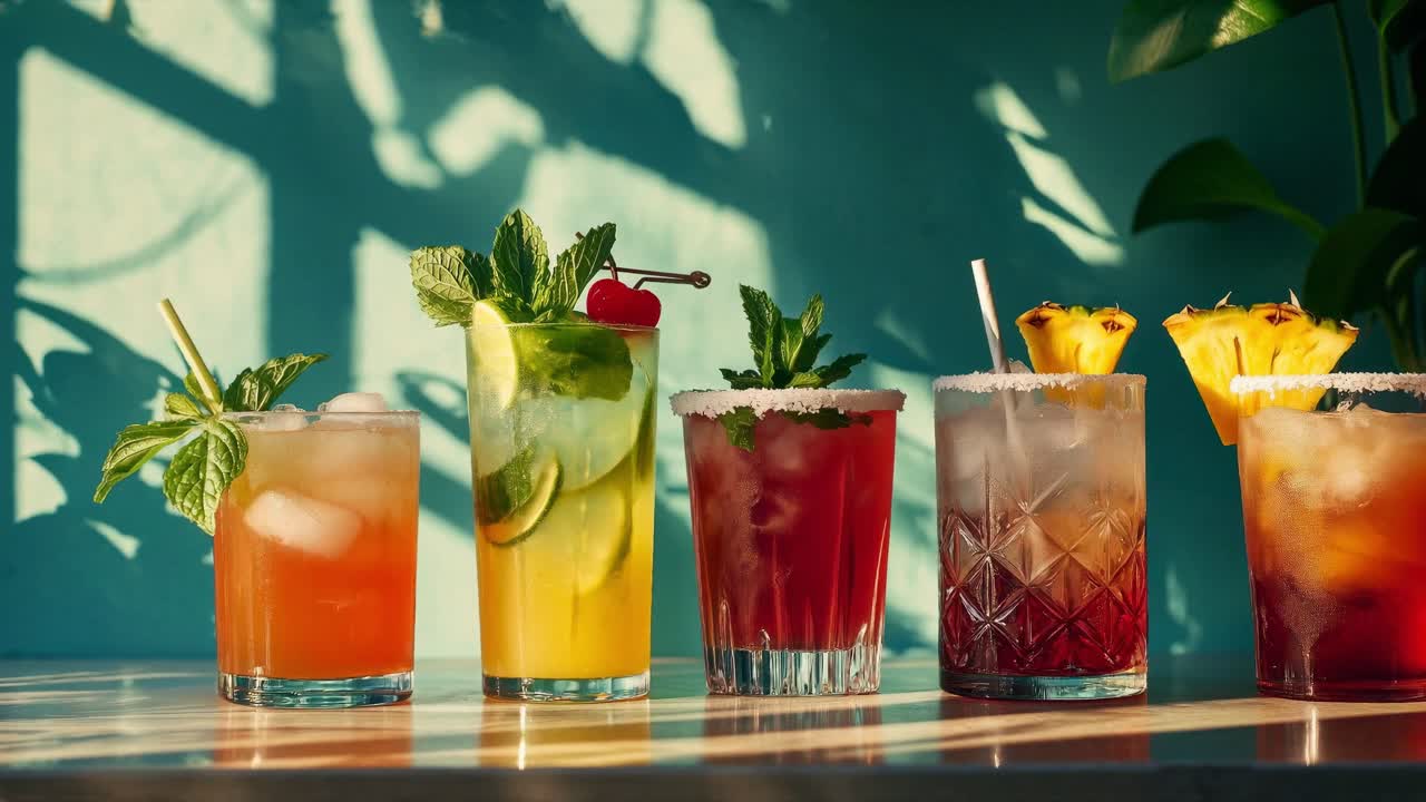 Refreshing summer cocktails stand on a bar, garnished with fresh mint, pineapple wedges, and cherries, casting shadows against a vibrant teal backdrop