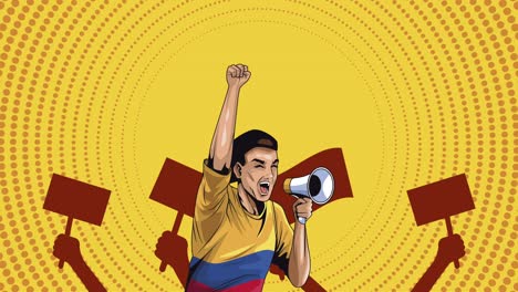 hombre colombiano protestando con un megáfono en la bandera