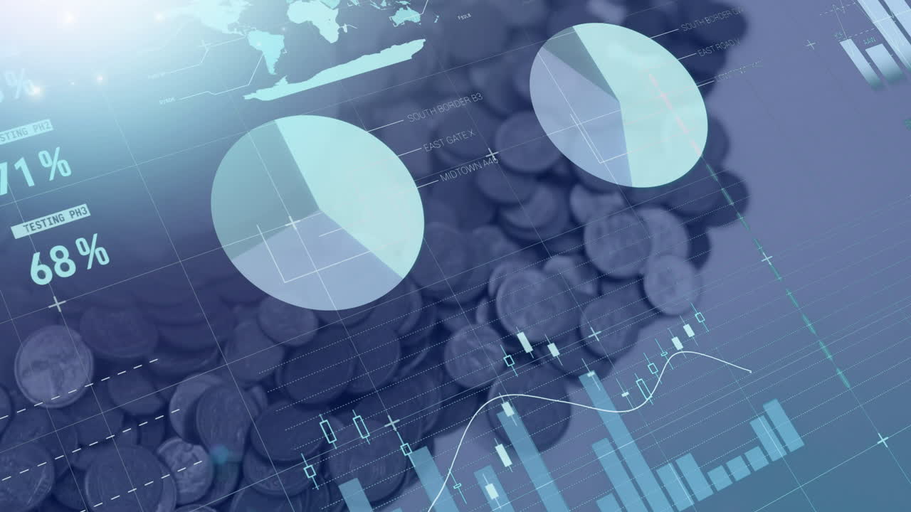 Animazione di elaborazione dati finanziari su monete