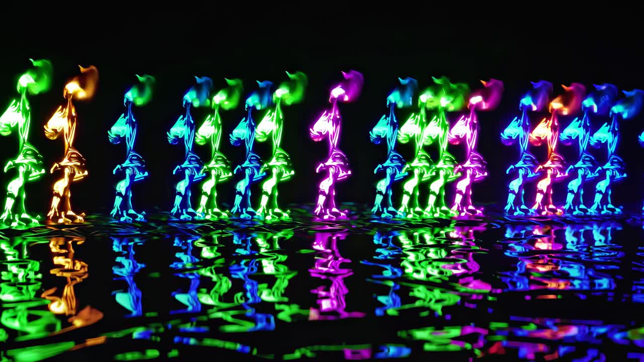figuras de neón coloridas que se reflejan en el agua