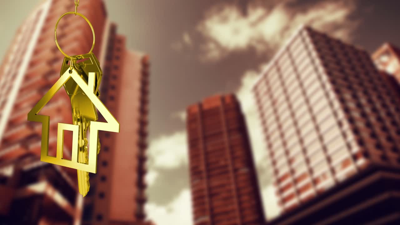 하늘의 구름에 맞춰 높은 건물에 집 열를 매달아 놓은 애니메이션