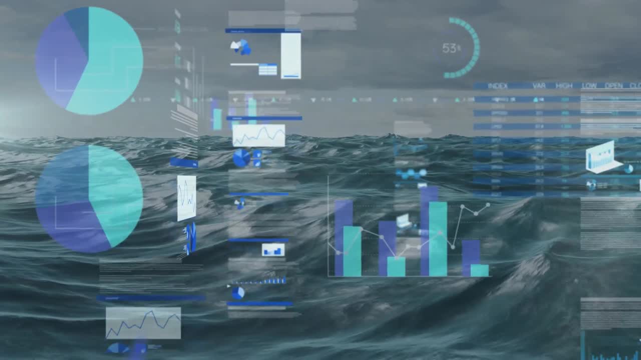 animación del procesamiento de datos financieros en el mar