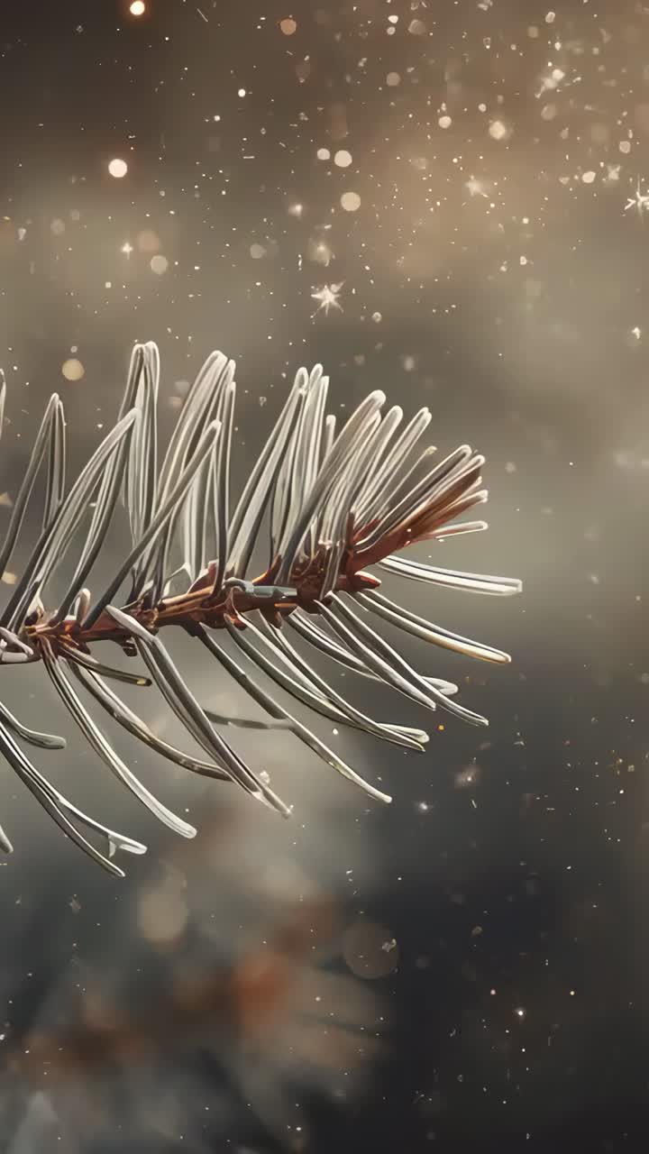 Vertical video: Shifting camera moving conifer branch at macro revealing needles, particles, bokeh
