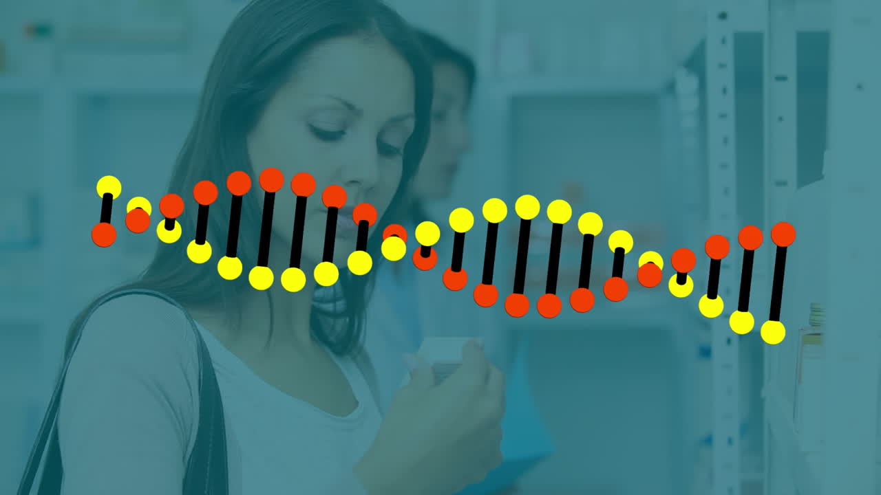 Animazione del DNA su donna caucasica che cerca medicine in farmacia