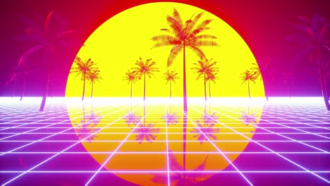 Lebendige-Digitale-Synthwave-Landschaft-Im-Retro-Stil-Mit-Strahlendem-Sonnenuntergang-Oder--aufgang-Am-Horizont,-Der-Ein-Hellgelbes-Leuchten-Ausstrahlt,-Und-Silhouetten-Von-Palmen-In-4K-Animation