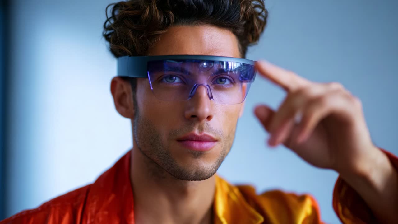 Stylish Individual Wearing Futuristic Glasses Poses Confidently, Showcasing Innovative Eyewear in Vibrant Colors Against a Soft Background