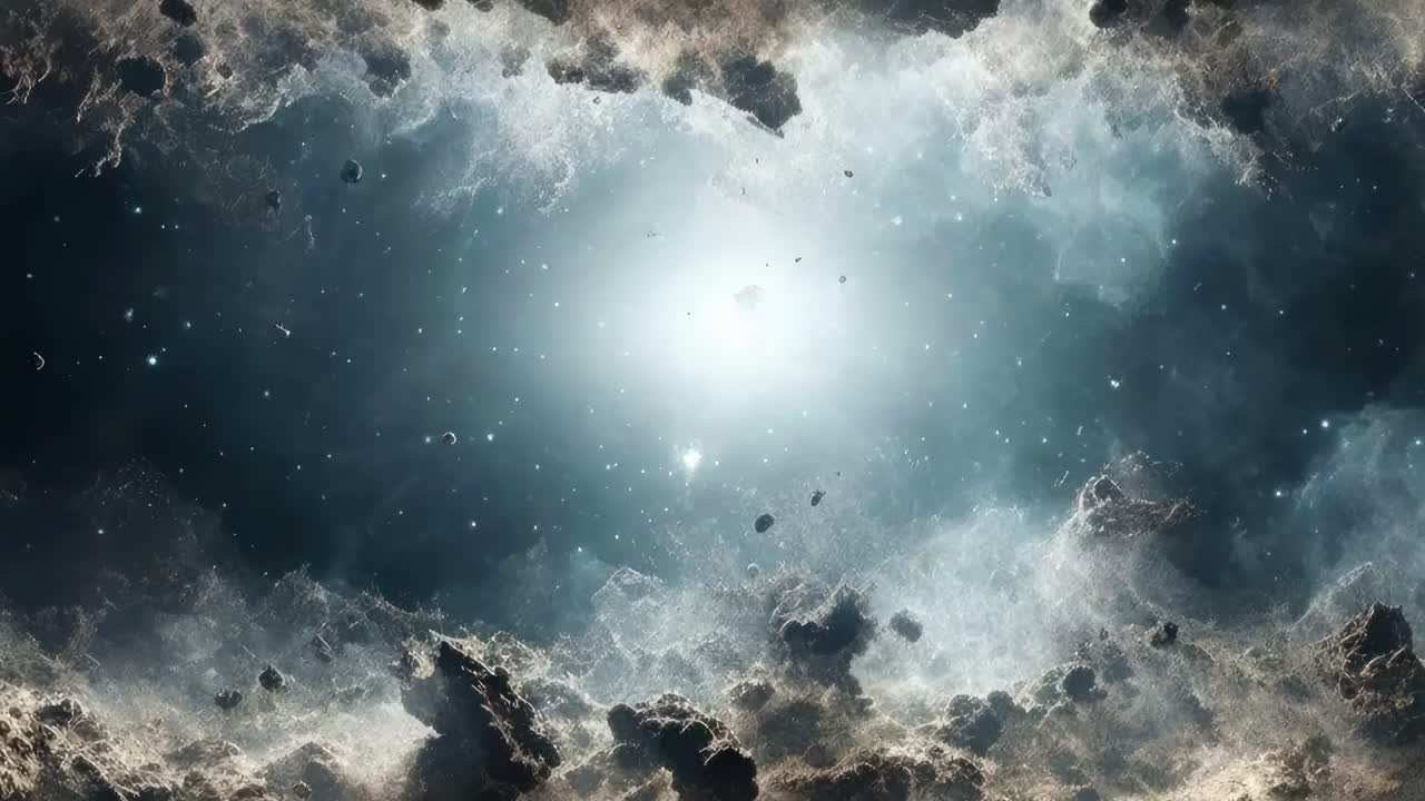 A cosmic scene with a top-down camera angle, showcasing a nebula's ethereal clouds and stardust