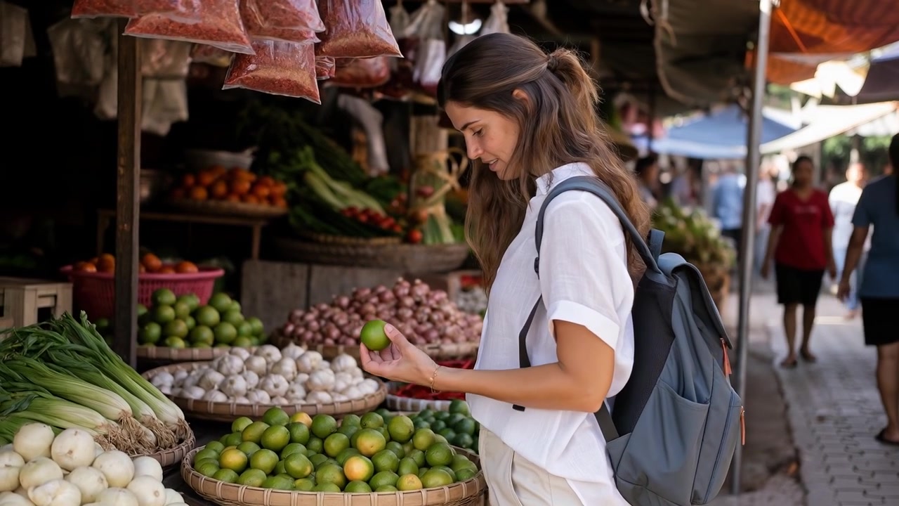 Jovem turista sorridente explorando um vibrante mercado local ao ar livre repleto de vegetais e frutas frescas.