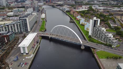 Aerial-view-of-Glasgow-city-centre-with-River-Clyde,-Clyde-Arc-and-residential-and-office-buildings-in-the-background