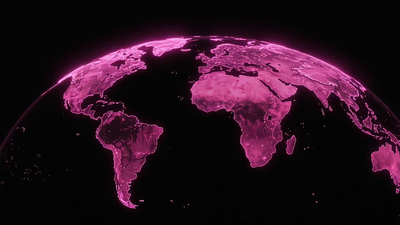 A Stunning Visualization of Earth in Vibrant Pink Hue, Showcasing Continents and Oceanic Features with a Mesmerizing Glowing Effect Against a Dark Background