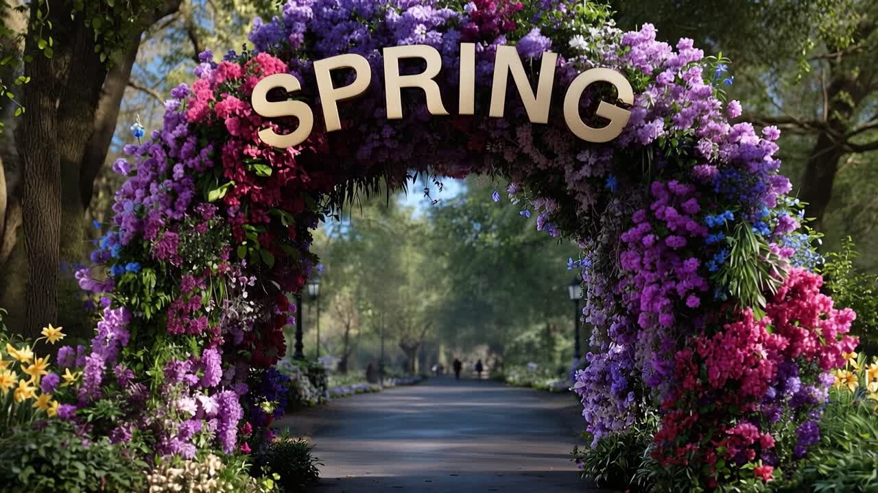 Blossoms frame a golden "SPRING" sign arching over a garden path. Lush petals cascade in purple, pink, and yellow hues. Sunlight filters through tall, leafy trees lining the walkway