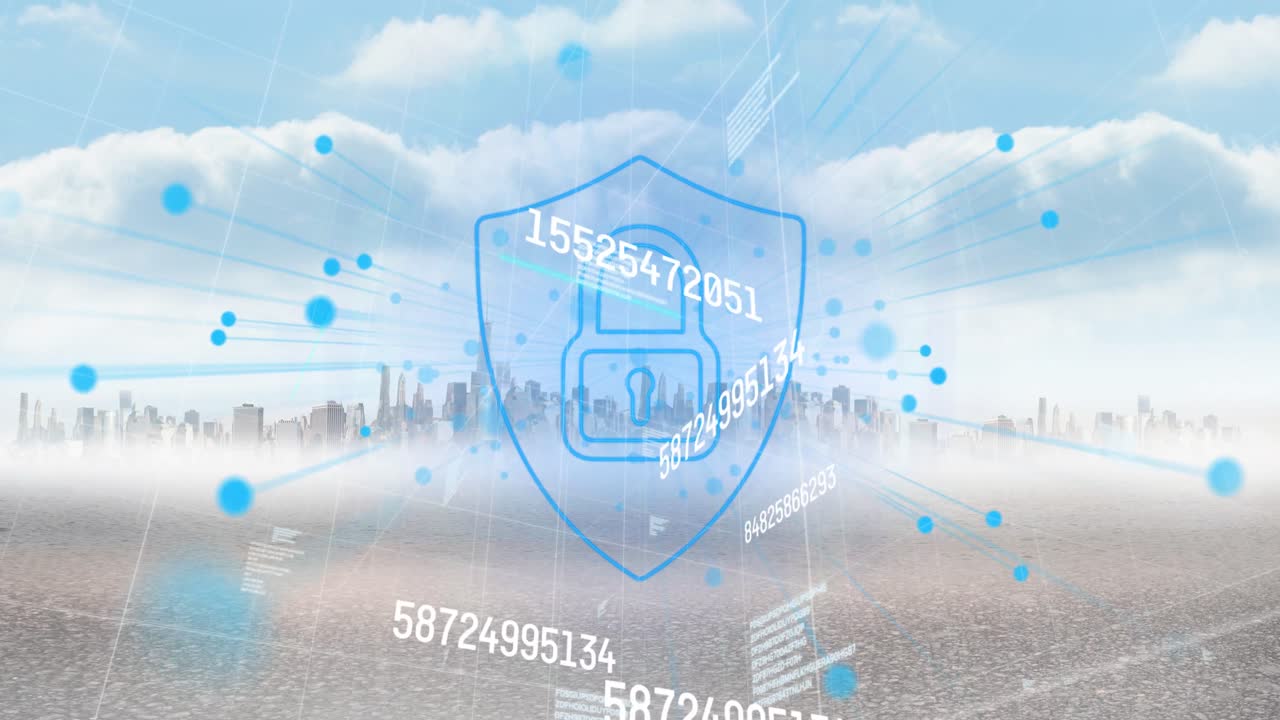 animación del procesamiento de datos y el candado sobre el paisaje urbano