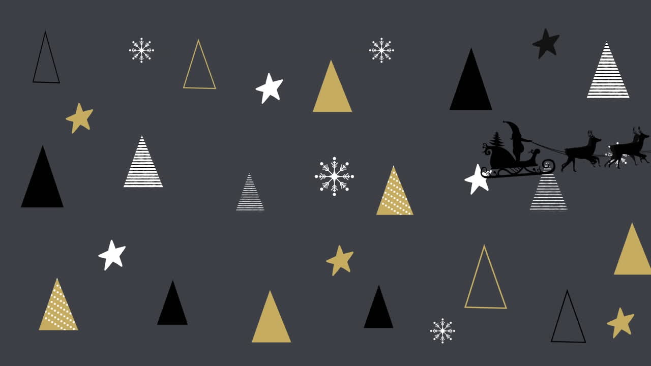 animación de árboles de navidad y santa en trineo con renos en fondo negro