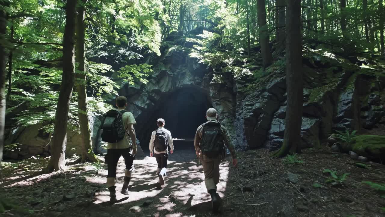Un video riprende tre escursionisti da dietro, mentre camminano verso una grotta in una foresta lussureggiante