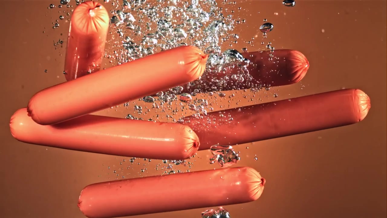 Salsicce che Cadono nell'Acqua con Bolle al Rallentatore