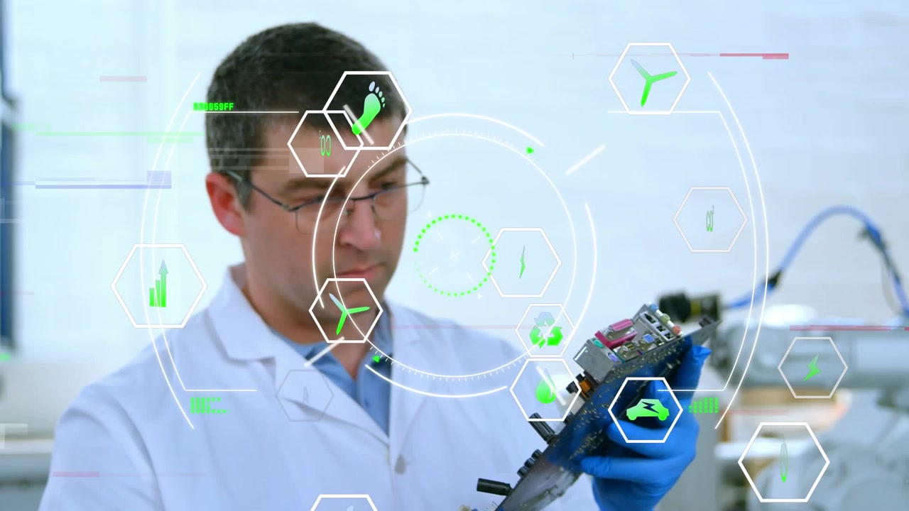Animation of ecology icons over caucasian male scientist with device
