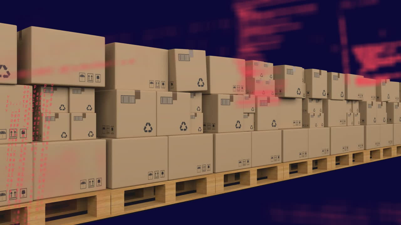 검은색 배경에 대한 카드보드 상자 및 컴퓨터 언어의 애니메이션