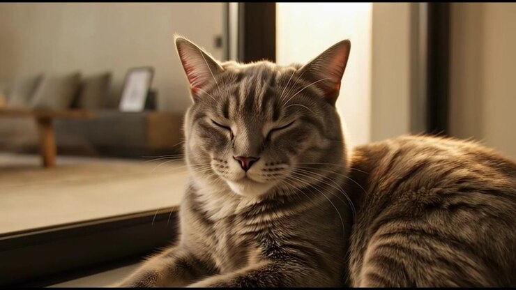 Grey Tabby Cat Resting Peacefully on Floor in Modern Living Room