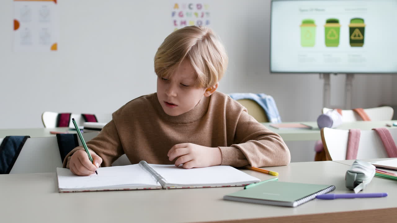 Boy Writing in Class