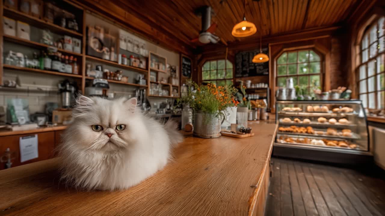 Una scena accogliente in un caffè con un soffice gatto persiano che si rilassa sul bancone, circondato da un'atmosfera calda e invitante con deliziosi dolci in mostra.