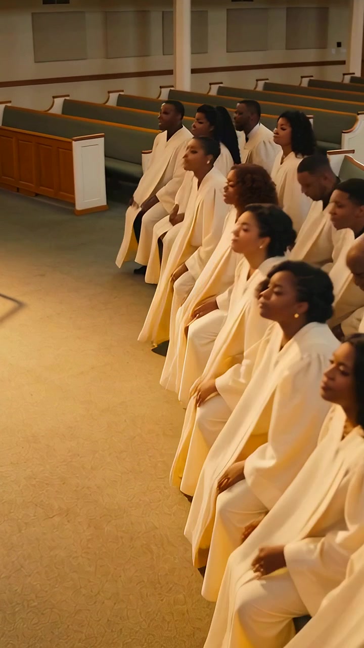 Vertical video: Singing choir on cue clapping bowing and sitting front pews in church white robes