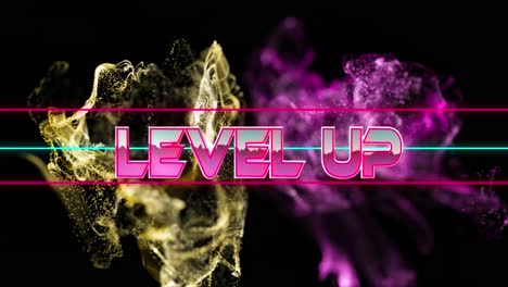 Animation-of-level-up-text-over-yellow-and-pink-shapes-on-black-background