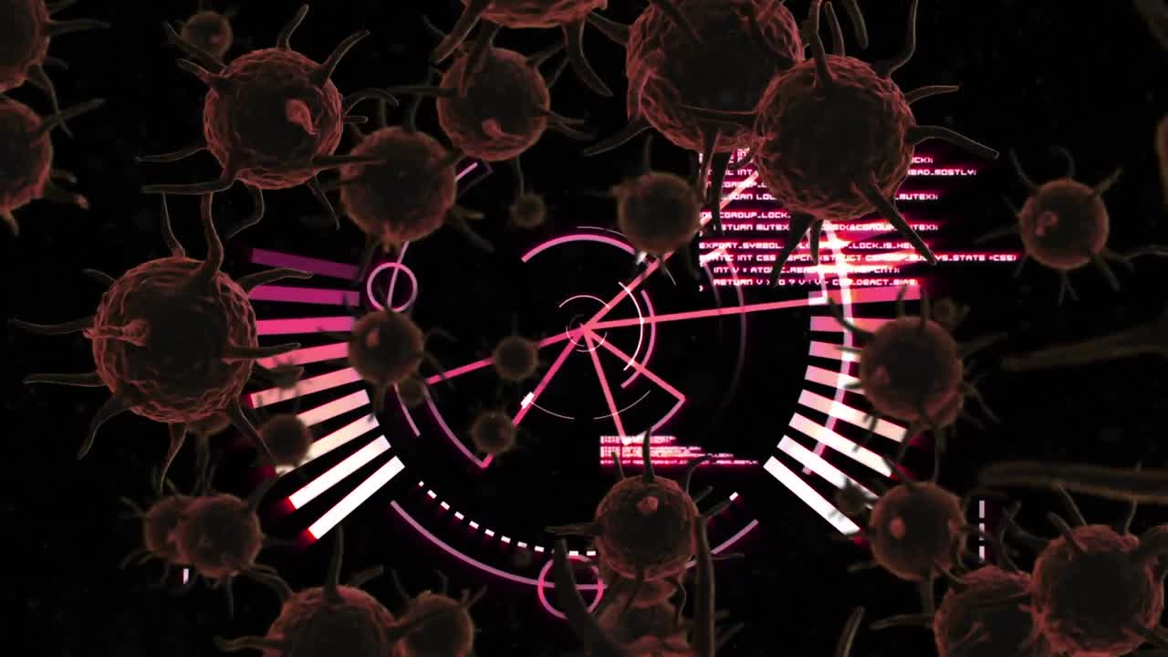 둥근 스캐너와 데이터 처리에 대한 여러 코로나19 세포의 디지털 애니메이션