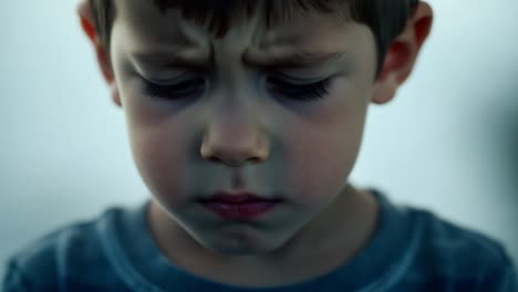 close up of a young child frowning, expressing negative emotions such as sadness and frustration. the child gazes downward, conveying feelings of disappointment and worry