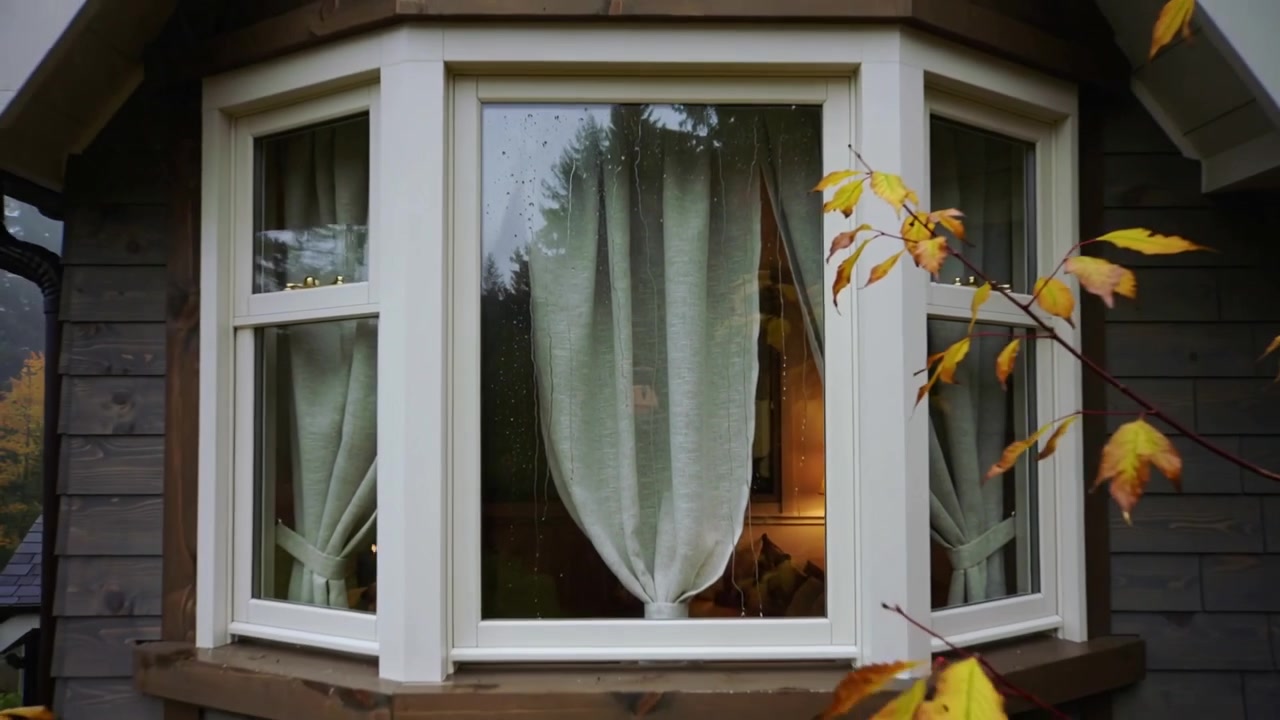Et kamera trækker sig tilbage og afslører et karnapvindue med tre ruder på sommerhusets facade for at vise regndråber og lampens skær.