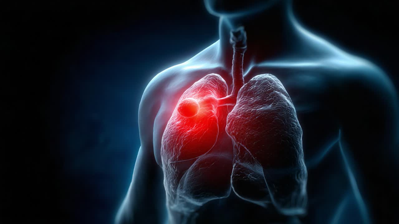 Visualizzazione anatomica dei polmoni umani che evidenzia un'area infiammata, rappresentata con rendering in 3D con enfasi sulla regione interessata per una comprensione medica