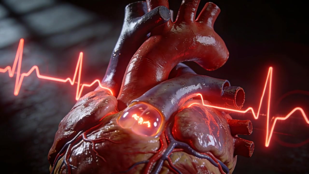 Cuore 3D pulsante che reagisce a picchi ECG al neon in primo piano, mostrando il bagliore dei vasi che visualizza il ritmo.