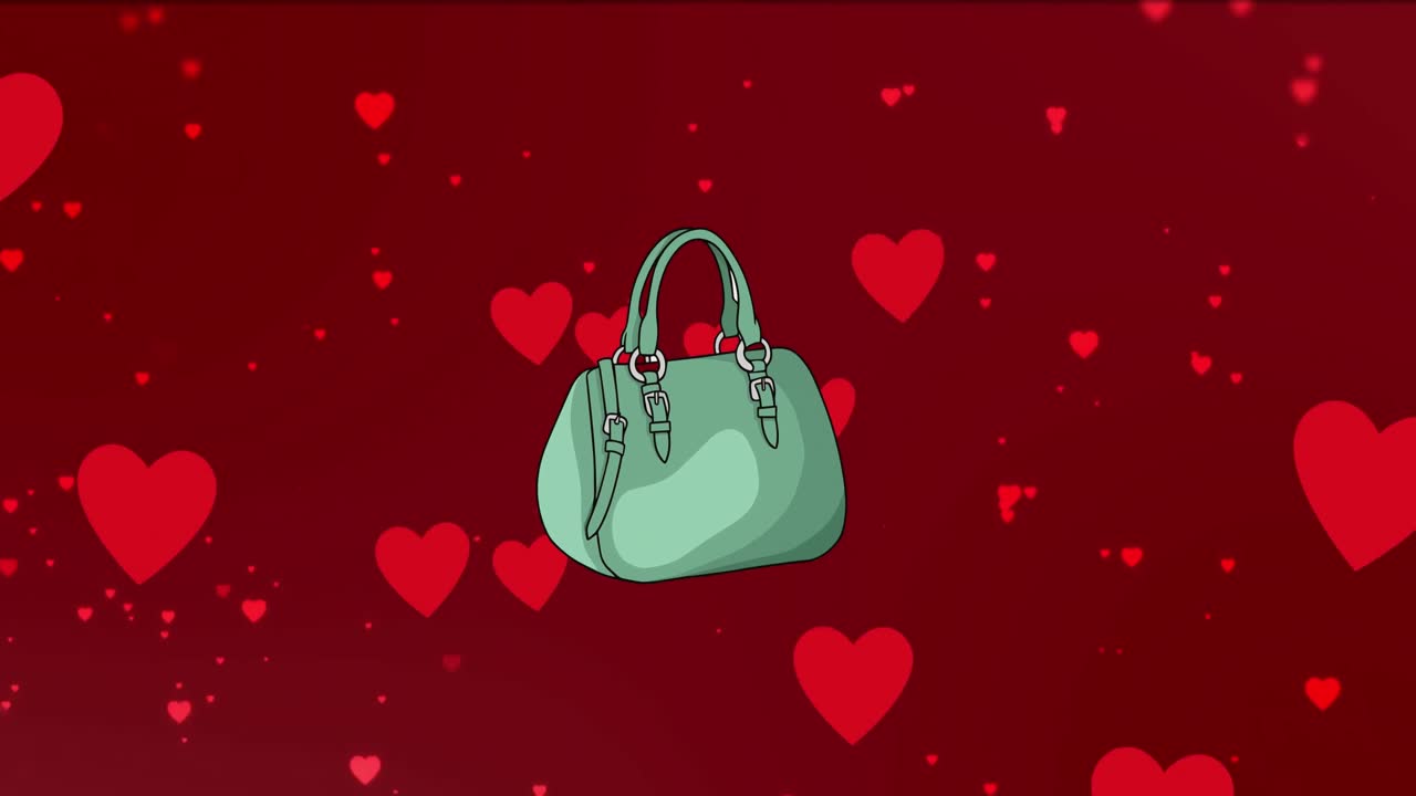 Animazione digitale di un'icona di borsa su multiple icone a forma di cuore che fluttuano su sfondo rosso